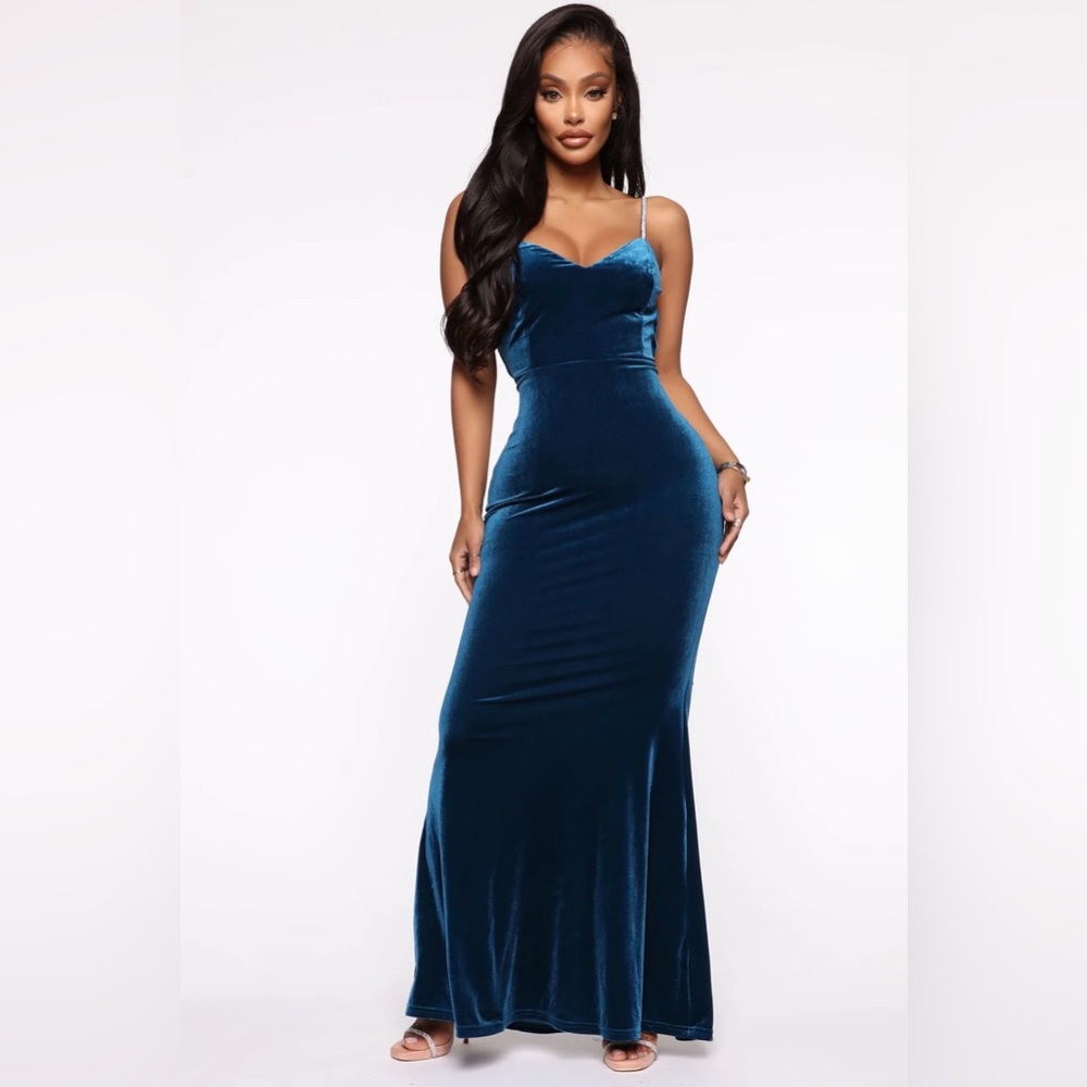 Fashion Nova Teal Velvet Maxi Gown